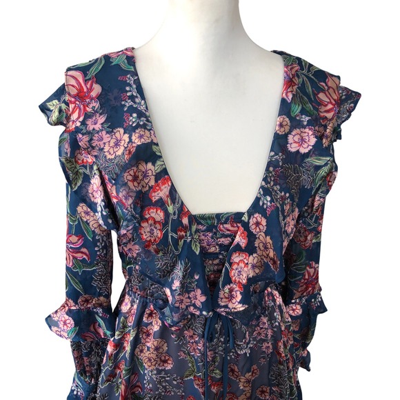 For Love And Lemons Blue Floral Romantic Feminine Silk Blend Mini Dress Sz XS - Picture 5 of 16